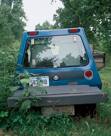 His electric car, the next best thing to an Amish buggy, gets him to town, albeit slowly.
